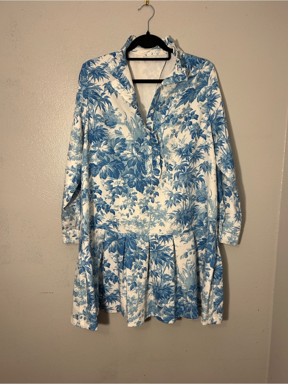 Blue White Toile Floral Drop Waist Dress Ruffle Collar XL